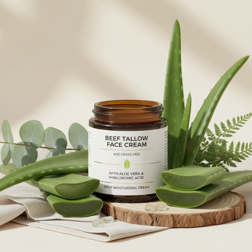 Beef Tallow Face Cream 4oz Grass-Fed with Aloe Vera & Hyaluronic Acid - Deep